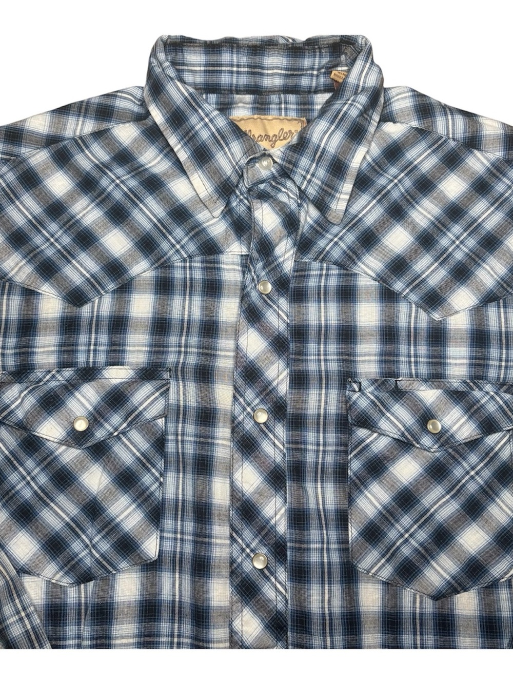 Wrangler Snap Up Men's Large Western Shirt Blue White Plaid Long Sleeve